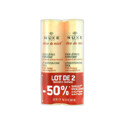 Nuxe Rêve De Miel Lip Moisturizing Stick by Jag Couture London, shown in a 2x4g pack, with a honey-colored balm stick.