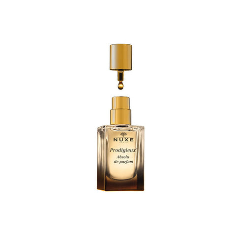 Nuxe Prodigieux Absolu De Parfum 30ml perfume bottle with gold accents, displayed on a neutral background.