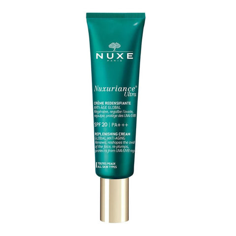 Nuxe Nuxuriance Ultra Replenishing Cream SPF20 in 50ml jar, showing white cream and packaging for mature skin care.
