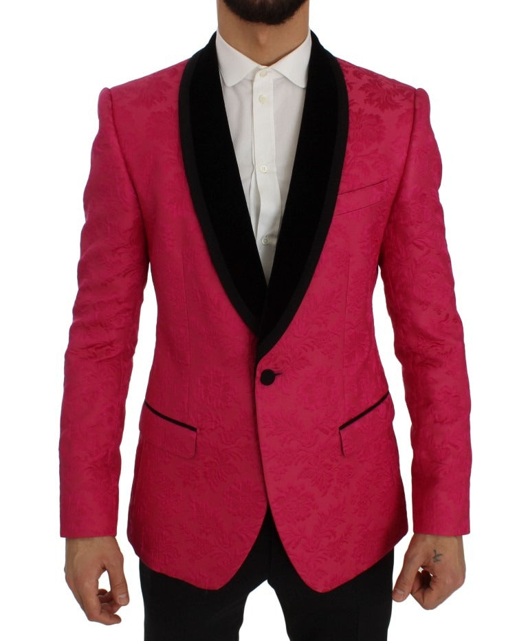 Pink Floral Brocade Slim Blazer Jacket