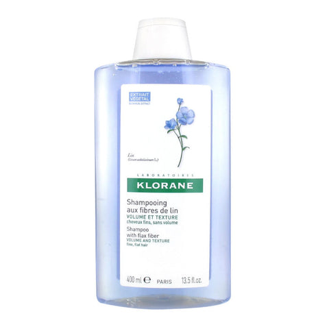 Jag Couture London New York Klorane volume and texture shampoo with flax fiber, 400ml bottle, showing the shampoo packaging