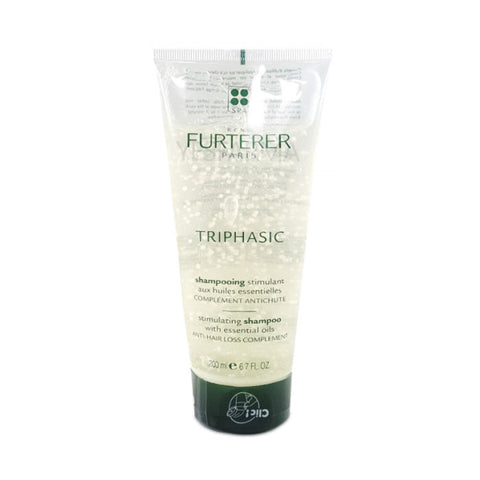 Rene Furterer Triphasic Stimulating Shampoo 200ml bottle, hair care product with a sleek design and label visible.