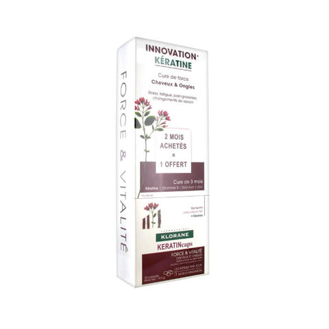 Klorane Keratin Hair Fortification capsules in a bottle, designed to strengthen and improve hair health naturally.