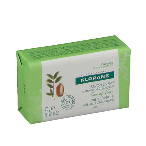 Klorane Yuzu Water Cream Soap in 100g, featuring a bar of creamy soap with fresh Yuzu citrus scent and natural ingredients.
