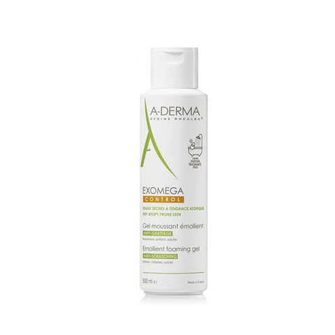 A-Derma Exomega Control emollient foaming gel for dry skin, shown in a 500ml bottle with a pump dispenser.