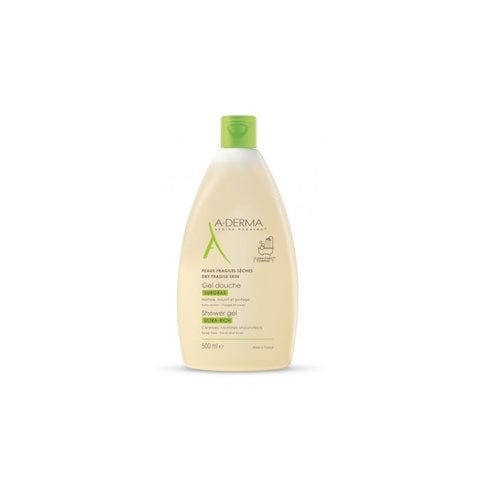 Jag Couture London New York A-derma Overweight Shower Gel 500ml bottle with pump dispenser, creamy texture, and label on white background.