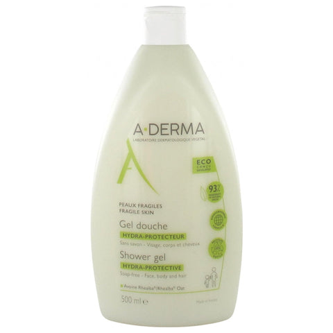 A-Derma Hydra-Protective Shower Gel bottle, 500ml, with clean label and pump dispenser, displayed on a neutral background.