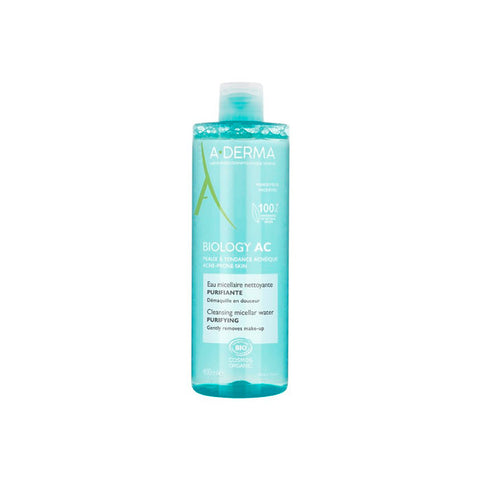 A-Derma Biology AC Purifying Micellar Water 400ml in clear bottle with label, designed for skin purification and cleansing.