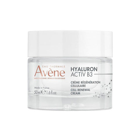 Avene Hyaluron Activ B3 cell regenerating cream in a 50ml jar, shown with the product label and packaging.