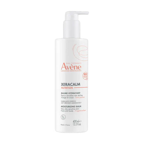 Avene Xeracalm Nutrition Moisturising Balm in a 400ml jar, with a smooth, creamy texture and blue and white packaging.