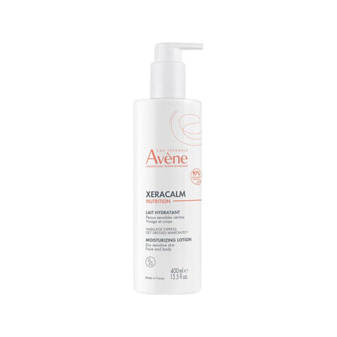 Avene Xeracalm Nutrition Moisturising Milk in a 400ml bottle, featuring a white pump dispenser and label with soothing skincare benefits.