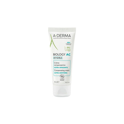 A-Derma Biology AC Hydra Ultra Soothing Cream in a 40ml jar, featuring a clean, minimalist design with a white and blue label.