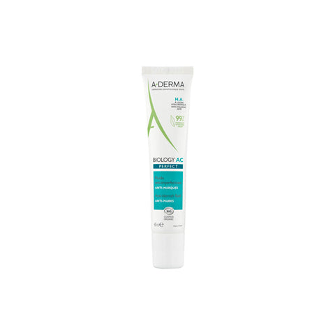 A-Derma Biology AC Perfect Anti-Blemish Fluid bottle with a white and blue label, 40ml size, on a plain background.