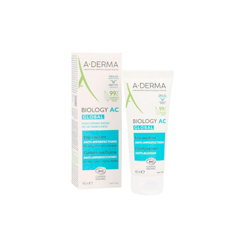 A-Derma Biology AC Global Anti-Blemish cream in a 40ml tube, designed for clearer skin and blemish reduction.