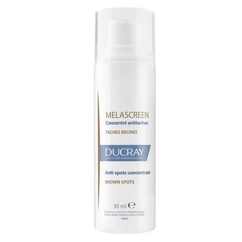 Ducray Melascreen Anti-spot Concentrate 30ml bottle with applicator tip, designed for reducing dark spots and evening skin tone.