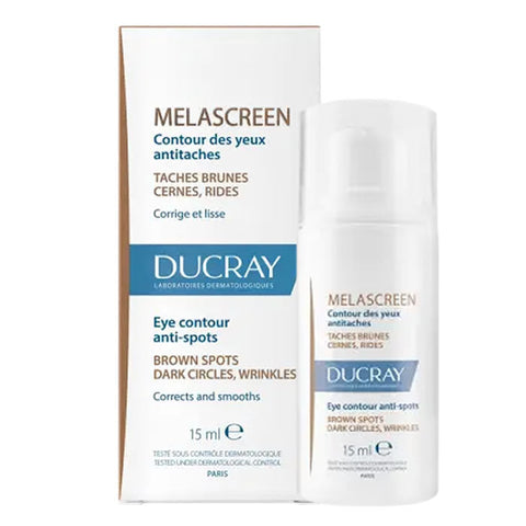 Ducray Melascreen anti-spot eye contour cream in 15ml jar, shown with packaging, designed to reduce dark circles and puffiness.