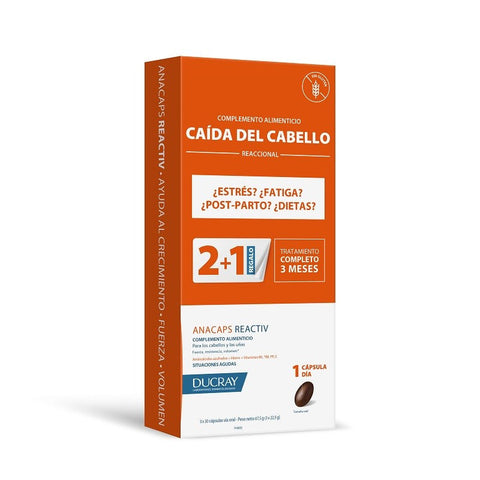 Ducray Anacaps Reactiv hair supplement capsules in a blister pack, designed to support hair health and vitality.