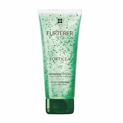 Rene Furterer Forticea energizing shampoo bottle with pump, 200ml, featuring green and white packaging.