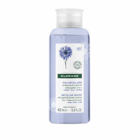 Klorane Aciano Micellar Water 400ml bottle, gentle skincare product with blue label, displayed on a clean background.