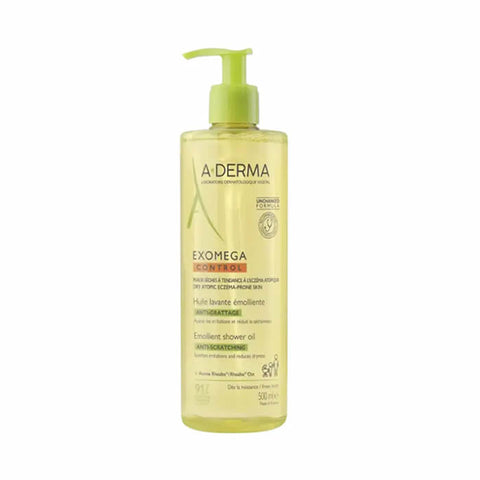 Aderma Exomega Shower Oil 500ml in a clear bottle with white liquid, displayed on a neutral background.