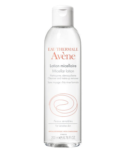 Avène Micellar Lotion cleanser and makeup remover in a 200ml bottle, gentle skincare product for face and eyes.