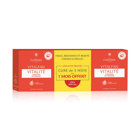 René Furterer Vitalfan Vitality Hair and Nails capsules, 3-pack, with supplement bottles and capsules visible.