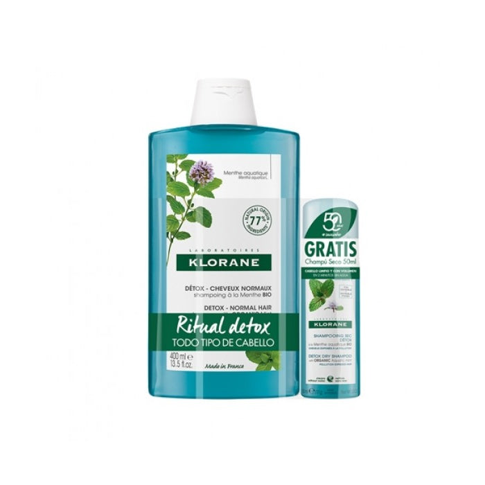 Klorane Ritual Detox Mint Shampoo for normal hair and mint dry shampoo 50ml bottles, featuring refreshing mint scent and cleansing formulas.
