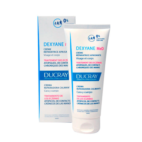Ducray Dexyane Med soothing repair cream in a 100ml tube, designed for sensitive skin and skin repair.