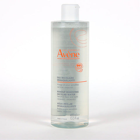 Avène Eau Micellaire 400ml bottle with clear liquid and pump dispenser, designed for gentle facial cleansing.