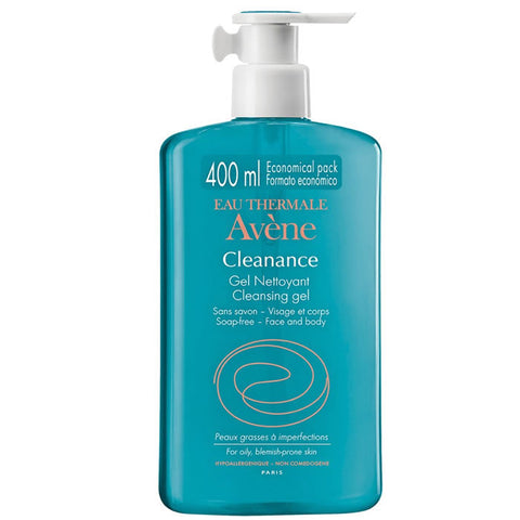 Avène Cleanance Gel Limpiador 400ml, a gentle facial cleanser with clear gel texture, suitable for oily and acne-prone skin.