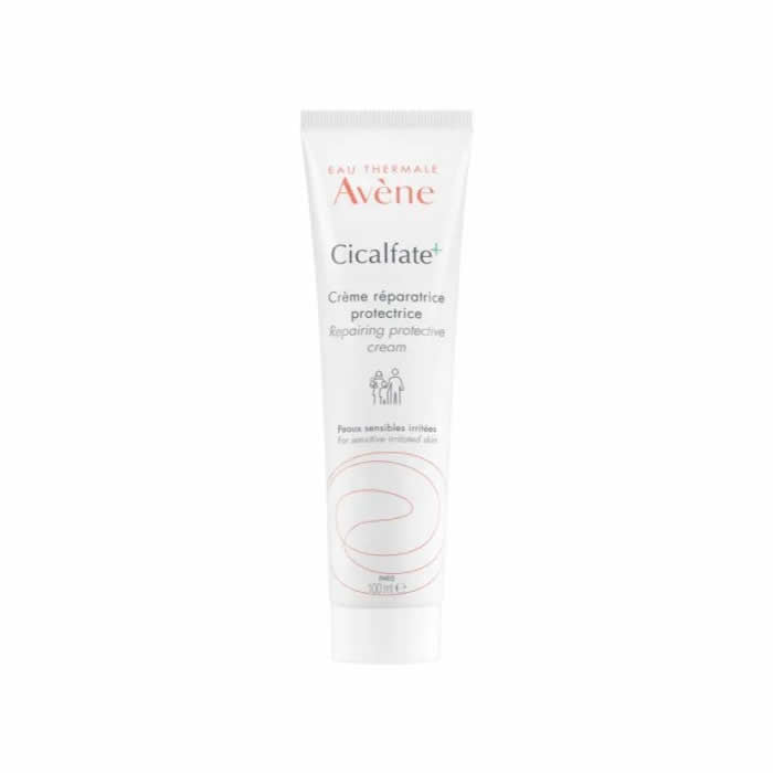 Avene Cicalfate Repair & Protect Cream 100ml jar with white label and blue accents, skincare product on a neutral background.
