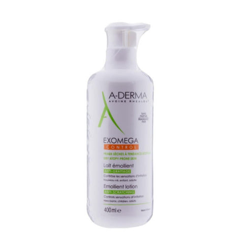 A-Derma Exomega Control Lotion for dry skin in a 400ml bottle, featuring soothing skincare for sensitive skin.