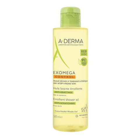 A-Derma Exomega bath and shower oil in a 500ml bottle, suitable for gentle cleansing and skin nourishment.