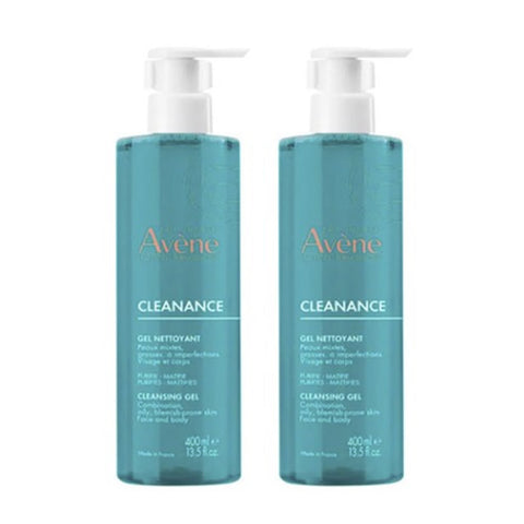 Avène Cleanance Duo Cleansing Gel bottles, 2 x 400ml, for gentle skin cleansing and acne-prone skin care.