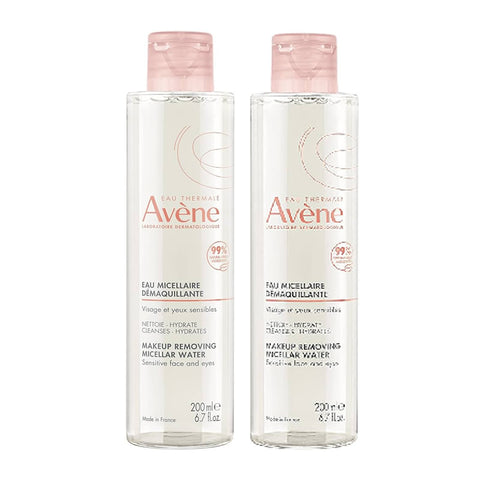 Two 400ml bottles of Avène Micellar Water in a pack, suitable for gentle facial cleansing and makeup removal.