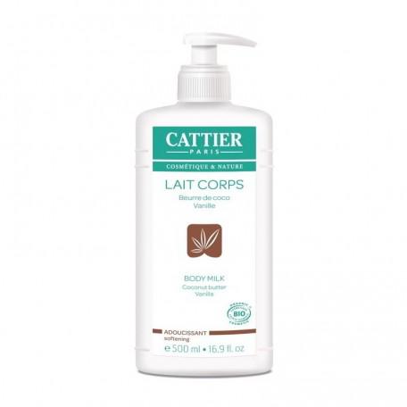 Cattier Paris Leche Corporal Suavizante 500ml bottle with creamy texture and soft white packaging, displayed on a neutral background.