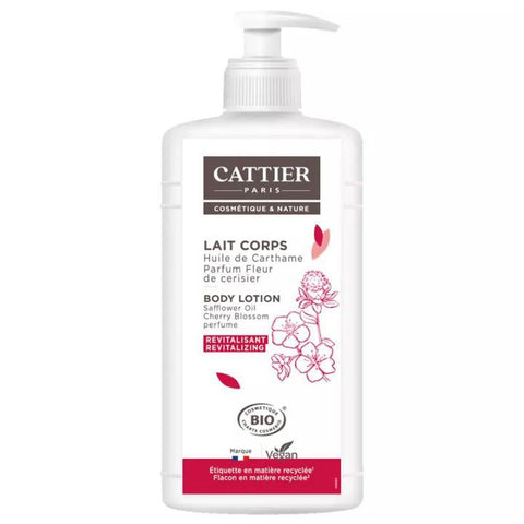 Cattier Paris Leche Corporal Revitalizant 500ml bottle with white and blue packaging, natural skincare product for revitalizing skin