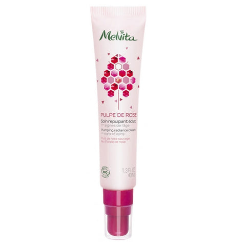 Melvita Pulpe de Rose Plumping Radiance Cream in 40ml jar, showing the luxurious skincare product with rose extract.