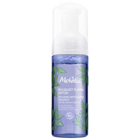 Melvita Bouquet Floral Detox organic gentle cleansing foam in a 150ml bottle, featuring floral ingredients for soft, refreshed skin.