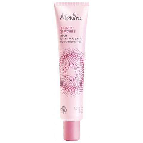 Organic Melvita Nectar De Roses moisturising fluid in a 40ml bottle, featuring a rose-themed design and elegant packaging.