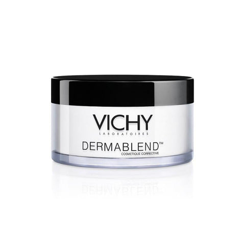 Vichy Dermablend Powder Fixer in 35ml bottle, shown with product packaging and applicator brush for long-lasting makeup setting.