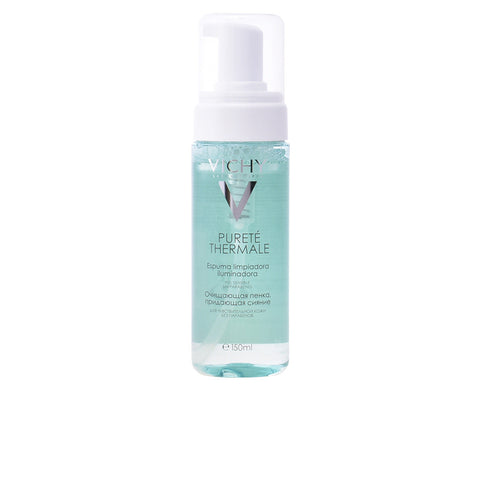 Vichy Purete Thermale Illuminating Foam 150ml bottle, gentle facial cleanser with brightening formula, on a clean background.