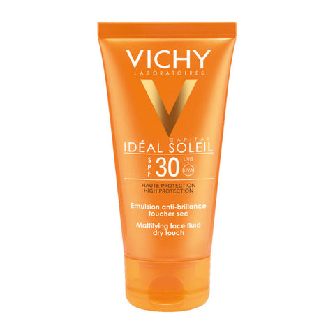 Vichy Ideal Soleil Mattifying Face Fluid SPF 30 with dry touch finish, 50ml, suitable for oily skin.