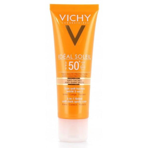 Vichy Ideal Soleil Stain Protector 3-in-1 SPF50 bottle, lightweight sunscreen with broad-spectrum protection and skincare benefits.