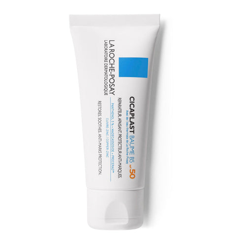 La Roche Posay Cicaplast Baume B5 SPF50 tube, 40ml, shown with product packaging and applicator, on a neutral background.