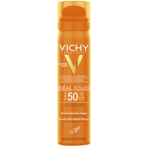 Vichy Idéal Soleil Freshness Face Mist SPF50 spray bottle, 75ml, with a refreshing, lightweight design for sun protection.
