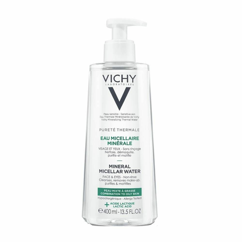 Vichy Purete Thermale Micellar Water for mixed oily skin in a 400ml bottle, suitable for deep cleansing and makeup removal.