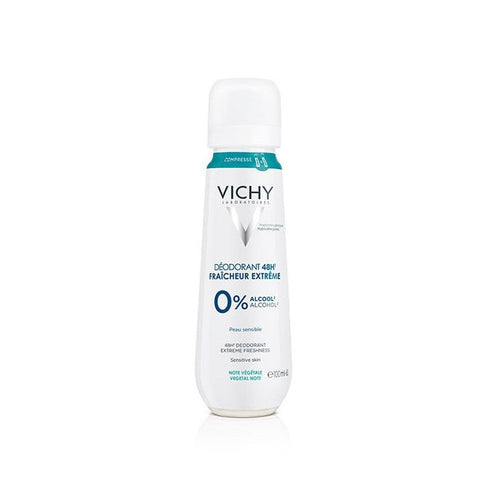Vichy Deodorant 48H Freshness Extreme 0% Alcohol in 100ml bottle, suitable for sensitive skin, with clear packaging and branding.