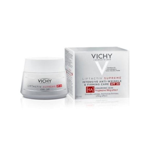Vichy Lifactiv Supreme HA SPF30 moisturizer in 50ml jar, with a clean, minimal design and product label visible.