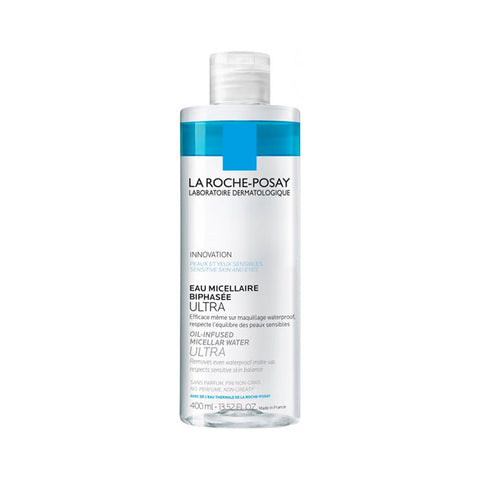 La Roche Posay Ultra Sensitive Skin Two-Phase Micellar Water in a 400ml bottle, suitable for delicate skin, by Jag Couture London.